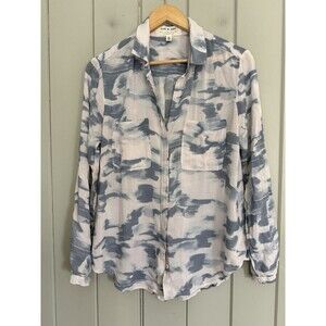 Anthropologie Cloth & Stone Abstract Watercolor Print Button Down Blouse M Blue